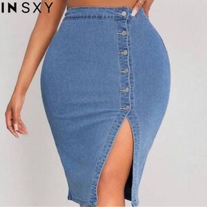 Blue Denim Button-Front Midi Skirt with Front Slit